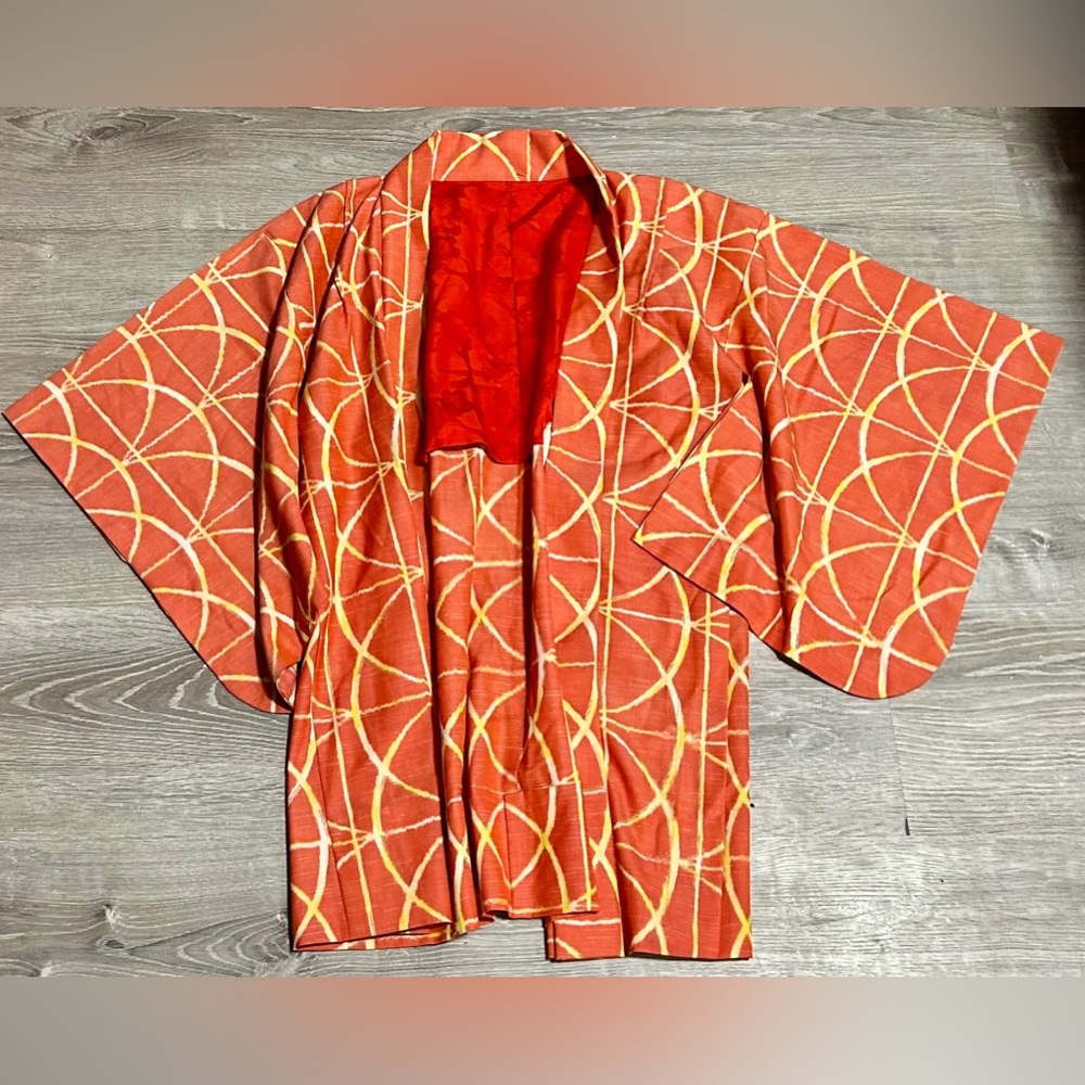 Vintage Kimono with Orange and Yellow Geometric Pattern